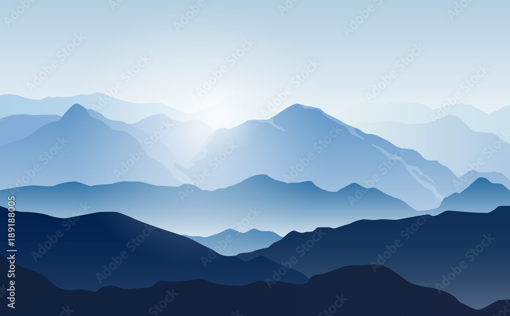 Vector landscape with silhouettes of blue mountains with mist and cold sunlight