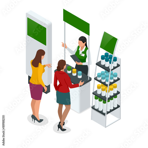 Isometric promotional stands or exhibition stands including display desks shelves and people with products and handout