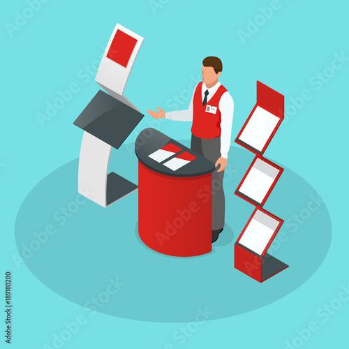 Isometric set of promotional stands or exhibition stands including display desks shelves and people with products and handout