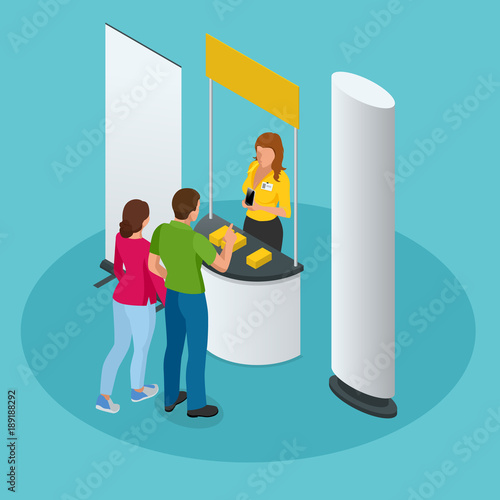 Isometric promotional stands or exhibition stands including display desks shelves and people with products and handout