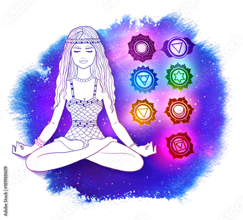 Woman in pose of lotus on space background