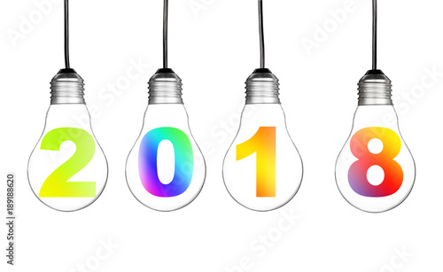 Lightbulb and colorful text 2018 isolated on white background happy new year idea object design