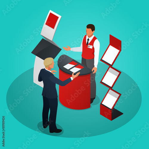 Isometric promotional stands or exhibition stands including display desks shelves and people with products and handout