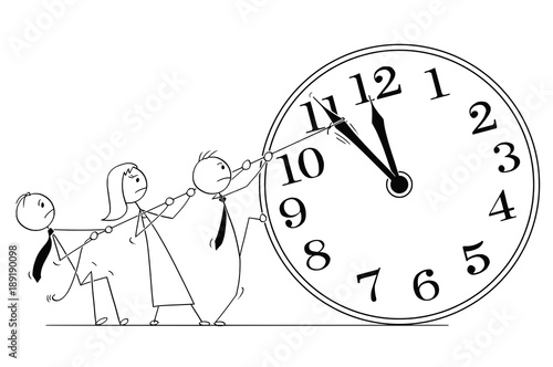 Cartoon stick man drawing conceptual illustration of team trying to stop time. Business metaphor of teamwork and deadline.