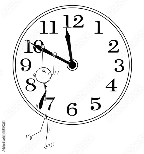 Cartoon stick man drawing conceptual illustration of businessman hanging on clock hand. Business metaphor of deadline and stress.