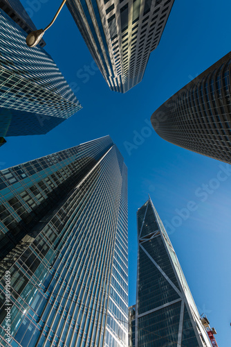 Dramatic and interesting angle of San Francisco s skyscrapers and high-rise office buildings       