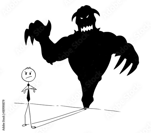 Cartoon stick man drawing conceptual illustration of businessman and his monster or demon inside shadow on the wall. Business concept of success and self confidence.
