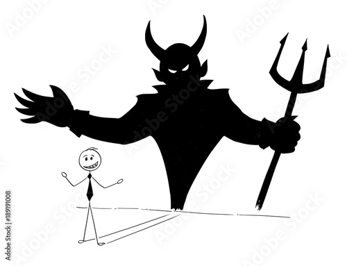 Cartoon stick man drawing conceptual illustration of businessman and his devil inside shadow on the wall. Business concept of success and self inconsiderateness.