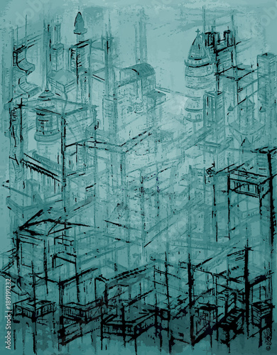 Esquisse d'immeubles imaginaires bâtis dans l'eau et s'élevant vers le ciel bleu pastel