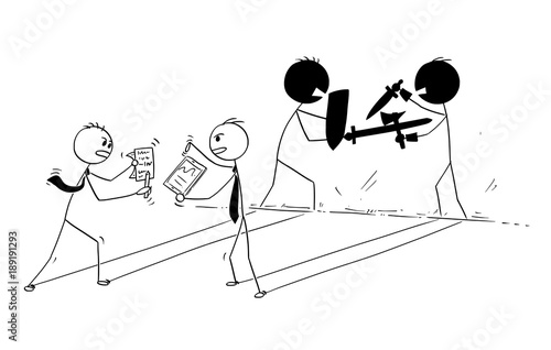 Cartoon stick man drawing conceptual illustration of two businessmen arguing and their shadow sword fighting. Business concept of problem discussion.