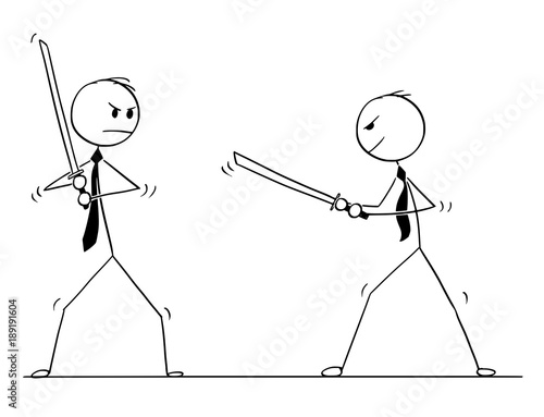 Cartoon stick man drawing conceptual illustration of two samurai businessmen ready to fight with Japanese katana swords.