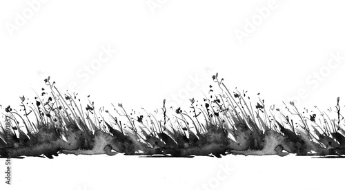 seamless, watercolor linear border, background with vintage seamless floral pattern - grass, wild plant. Watercolor black landscape, silhouette of grass, shrub.  Black blot, a splash of paint. 