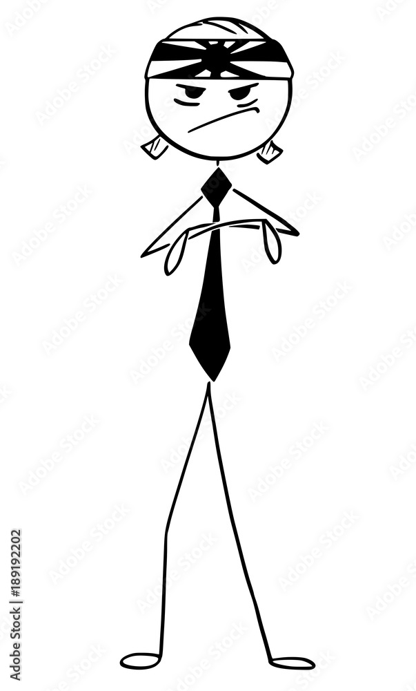 Cartoon stick man drawing conceptual illustration of businessman with japanese jamikaze headband. Concept metaphor of risky suicide business strategy. Cartoon stick man drawing conceptual illustration of businessman with japanese jamikaze headband. Concept metaphor of risky suicide business strategy.