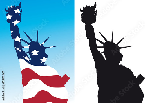 schematic silhouette statue of liberty black and with outline colors of the US flag