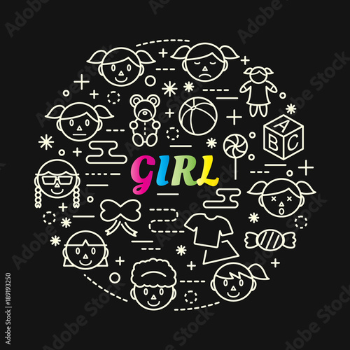 girl colorful gradient with line icons set