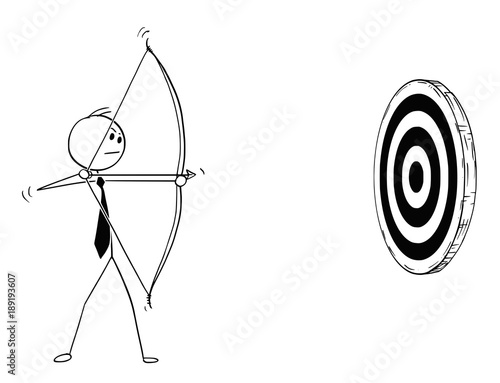 Cartoon stick man drawing conceptual illustration of businessman with bow shooting at target or clout. Business concept of motivation and determination.