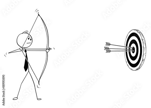 Cartoon stick man drawing conceptual illustration of successful businessman with bow shooting at target or clout, with three hits in center. Business concept of motivation, determination and success.