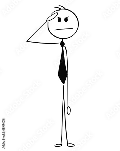 Cartoon stick man drawing conceptual illustration of businessman saluting in military style. Business concept of loyalty, readiness and obedience.