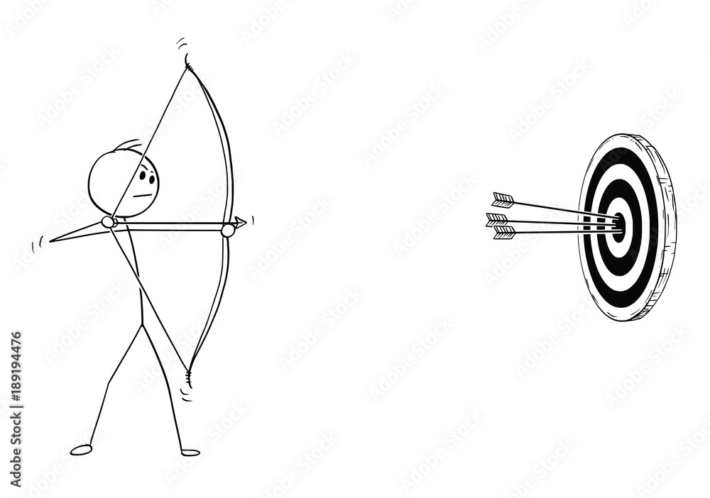 Cartoon stick man drawing illustration of sport archer in shooting pose