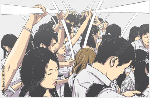  Stylized illustration of packed subway cart in rush hour
