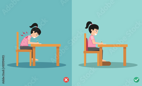 wrong and right ways positions for sitting writing on book,illustration