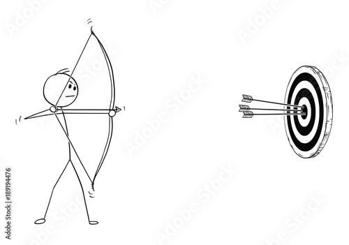 Cartoon stick man drawing illustration of sport archer in shooting pose with bow and arrow shooting successfully at target.