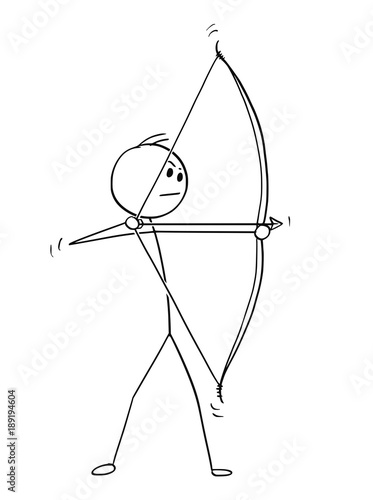 Cartoon stick man drawing illustration of sport or hunting archer in shooting pose with bow and arrow.