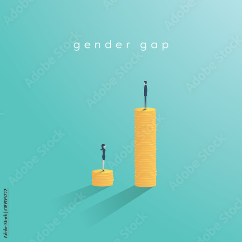 Gender gap and inequality in salary, pay vector concept. Businessman and businesswoman on piles of coins. Symbol of discrimination, difference, injustice.