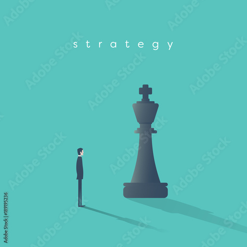 Business strategy concept vector with businessman and chess king piece. Symbol of competition, planning, game, motivation, ambition.
