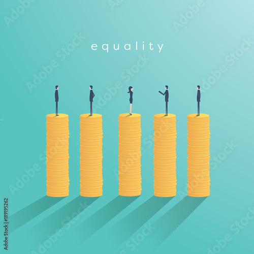 Business gender equality vector concept with businessman and businesswoman on same pile of money. Symbol of equal pay, salary, fairness, justice and emancipation.