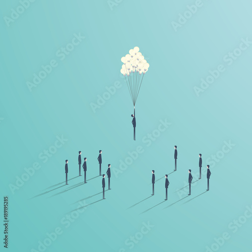 Business creative ideas vector concept with team of people and flying baloon from lightbulbs. Symbol of creativity, innovation, leadership.