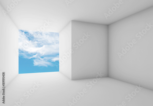 3d empty room with cloudy sky in blank window