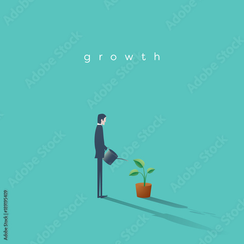 Business growth vector concept with businessman watering plant. Symbol of progress, success, motivation, ambition.