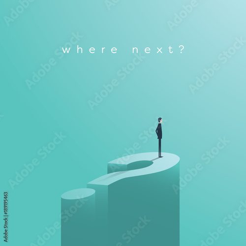Business decision vector concept with businessman standing on huge question mark. Symbol of future, opportunity, planning, vision.