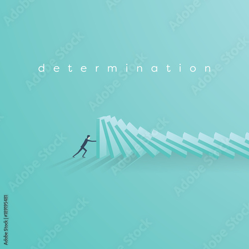 Businessman stopping falling domino vector concept. Symbol of crisis, risk, management, leadership and determination.