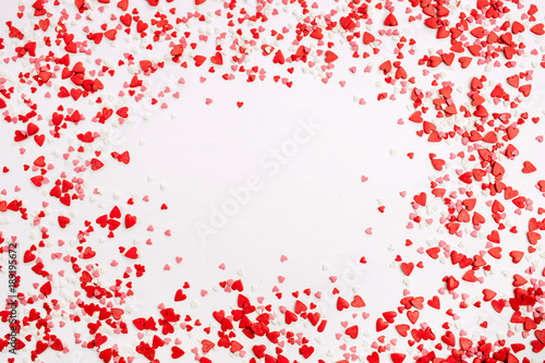 Valentine's Day background. Frame of red, pink and white hearts. Flat lay, top view love concept.