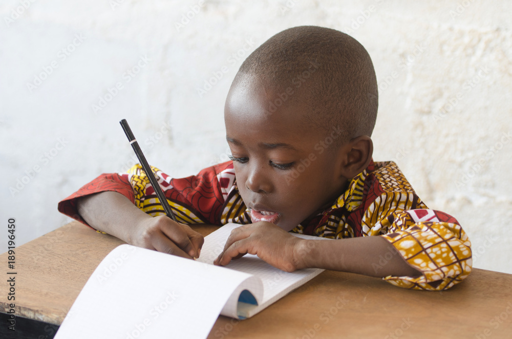 Handsome Young African Boy Writing and Learning in School Building ...