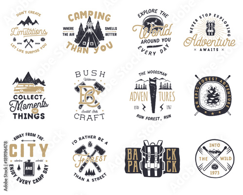 Vintage hand drawn travel badge and emblem set. Hiking labels. Outdoor adventure inspirational logos. Typography retro style. Motivational quotes for prints, t shirts, mug, tee. Stock vector design photo