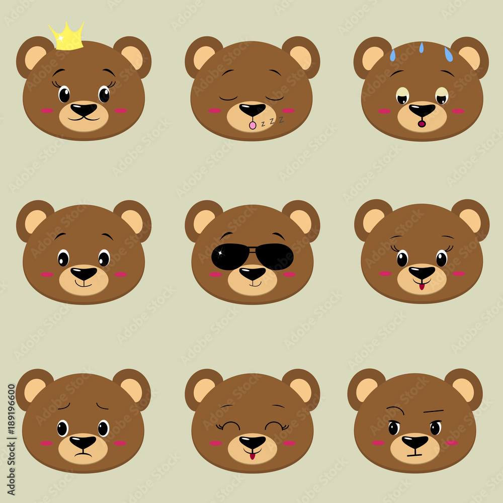 Set of cute bear face different emotions in cartoon style. Set of cute bear face different emotions in cartoon style.