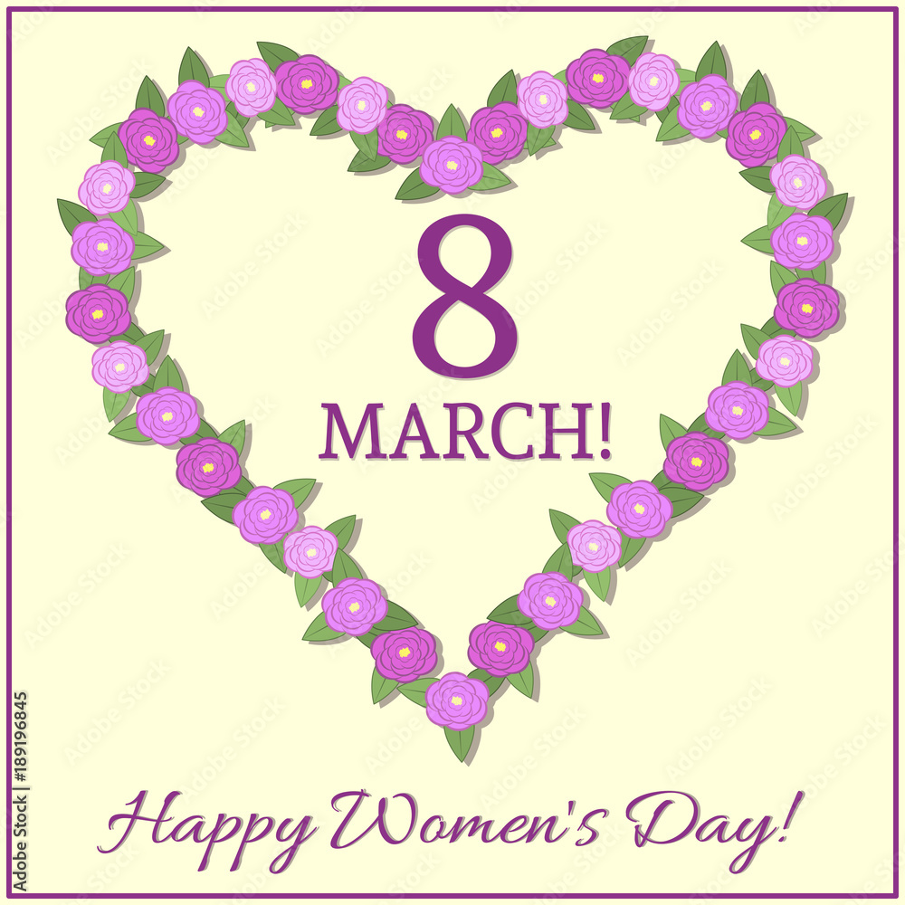 Composition of purple flowers roses hearts, collected in the shape of heart, greeting card with the eighth of March international women's day. Composition of purple flowers roses hearts, collected in the shape of heart, greeting card with the eighth of March international women's day.