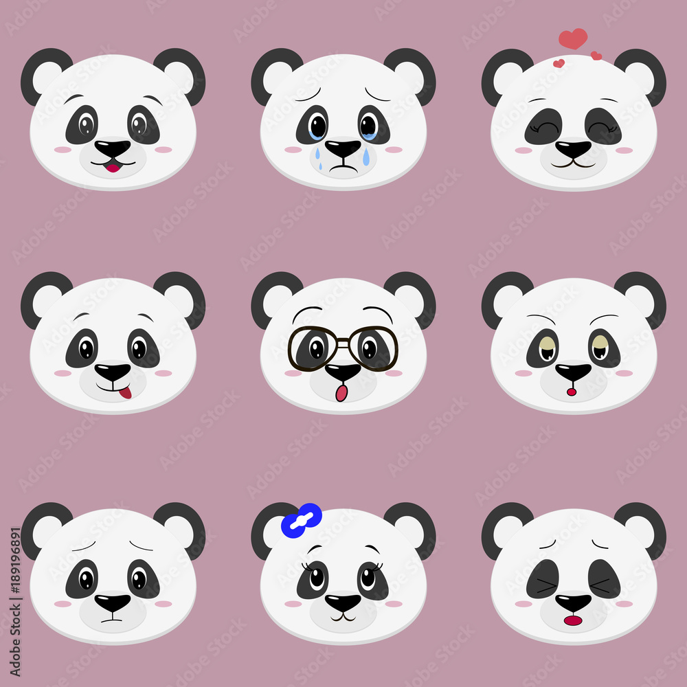 Set of cute panda bear face different emotions in cartoon style. Set of cute panda bear face different emotions in cartoon style.