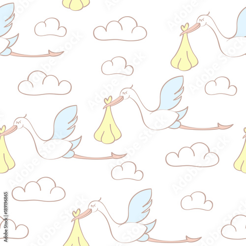 Seamless pattern with storks carrying babies. Suitable for wallpaper, wrapping or textile