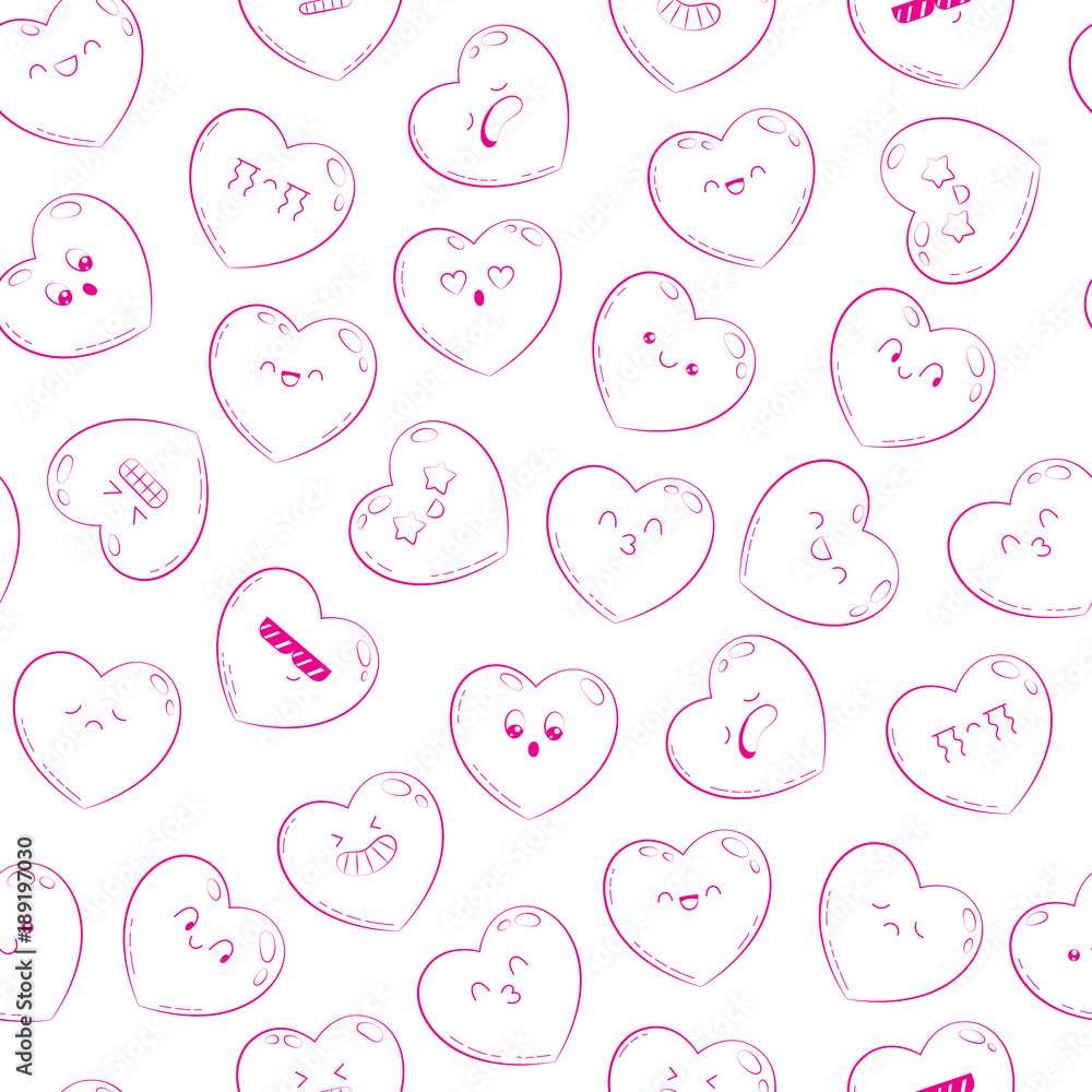Seamless pattern, background, wallpaper, texture with different emotions heart. Collection of emoticons for site, info graphics, video, animation, websites, mails, newsletters, comics. Doodle backdrop Seamless pattern, background, wallpaper, texture with different emotions heart. Collection of emoticons for site, info graphics, video, animation, websites, mails, newsletters, comics. Doodle backdrop