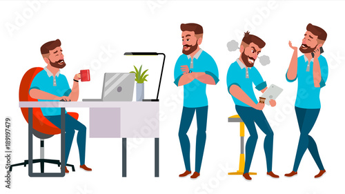 Business Man Character Vector. Working Male. Environment Process. Start Up. Bearded. Casual Clothes. Full Length. Programmer, Manager. Expressions. Flat Cartoon Business Character Illustration