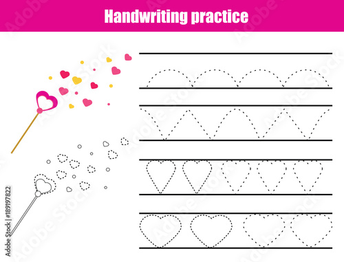 Handwriting practice sheet. Educational children game, printable worksheet for kids. Writing training printable worksheet. Hearts and wavy lines