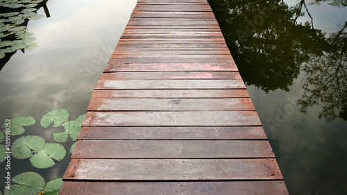 Scenery of Wooden Plank Walkway Over the Canal and Water Lily Pads
