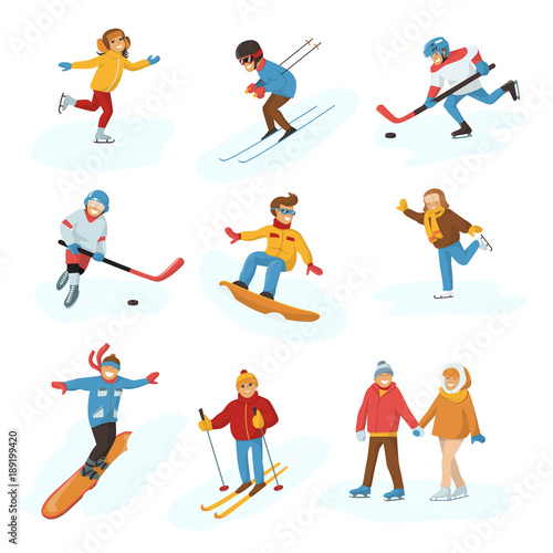 Winter vector sport activity people games cartoon boys and girls fun cold sportsmen wintertime happy illustration isolated vacation people holiday sport activity ski, sky, hockey and snowboard