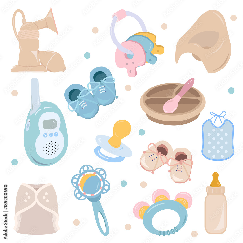 Background, texture, backdrop, pattern, wallpaper with children cartoon doodle flat toys. Kids illustration. Baby shower. Icons set. Newborn baby vector collection. baby care things