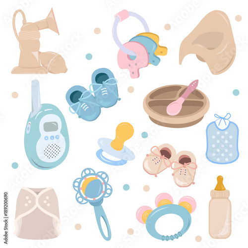 Background, texture, backdrop, pattern, wallpaper with children cartoon doodle flat toys. Kids illustration. Baby shower. Icons set. Newborn baby vector collection. baby care things