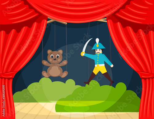 Children's Puppet Theater with puppets puppets bear and soldier. Vector illustration